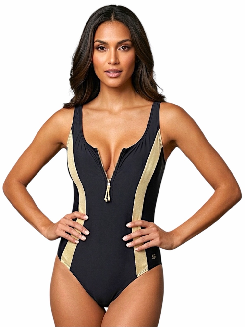Sports Illustrated Womens One Piece Swimsuit black & gold zipper front